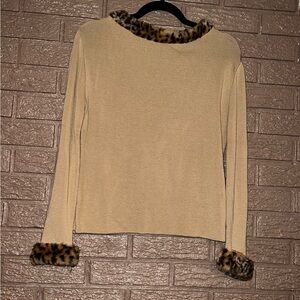 Takeout Tan Blouse with Leopard Trim